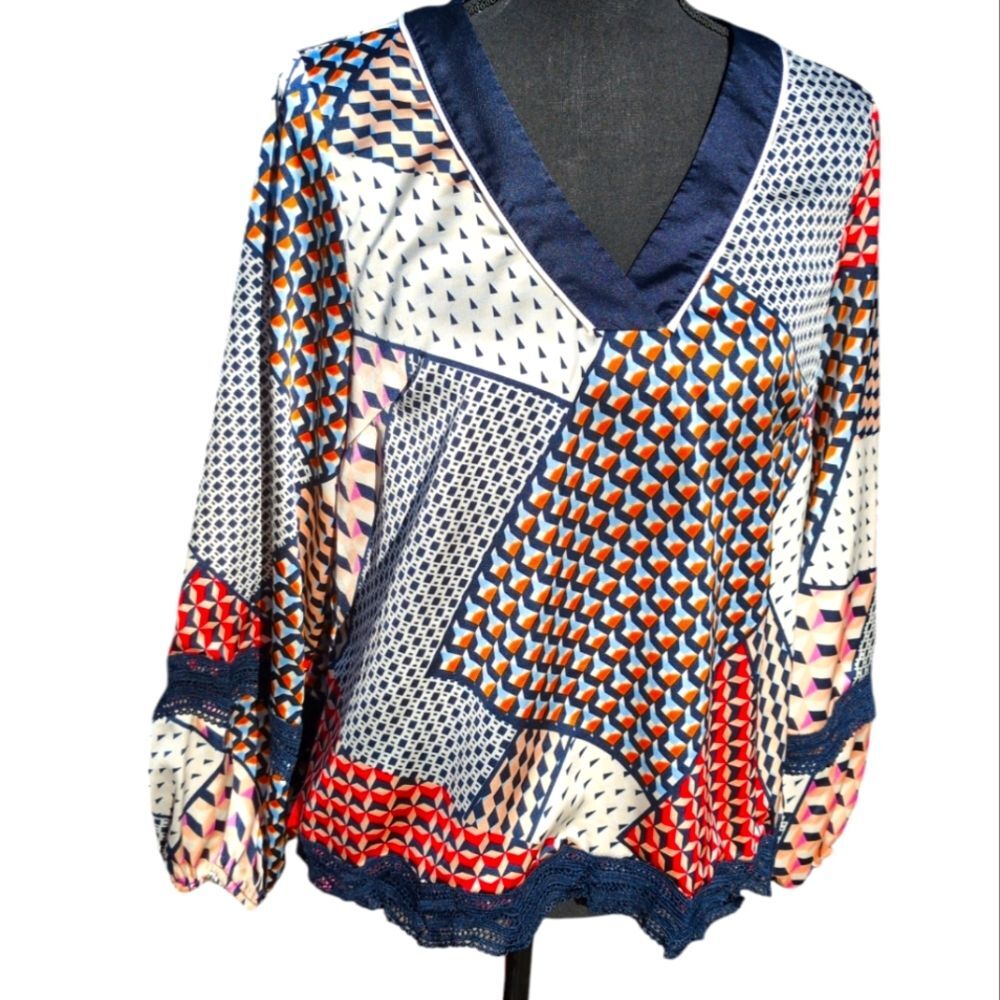 Silky Geometric Patchwork Blouse Crochet accents- Skies Are Blue, Size M